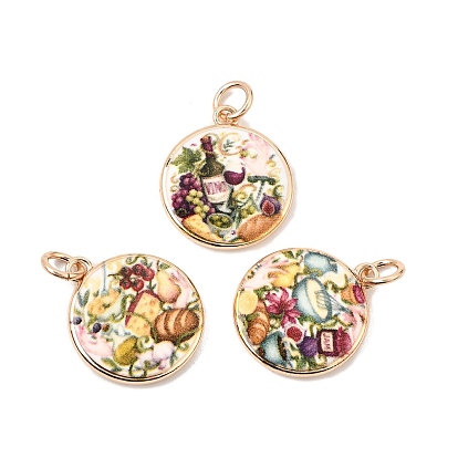 Brass Pendants, Round with Food Pattern Charms, Colorful