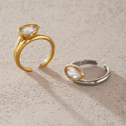 304 Stainless Steel Pave Clear Cubic Zirconia Cuff Open Rings, Teardrop
