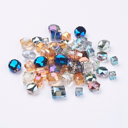 Electroplate Glass Beads, Faceted, Mixed Shapes, 7~16x7~16x7~10mm, Hole: 1~2mm