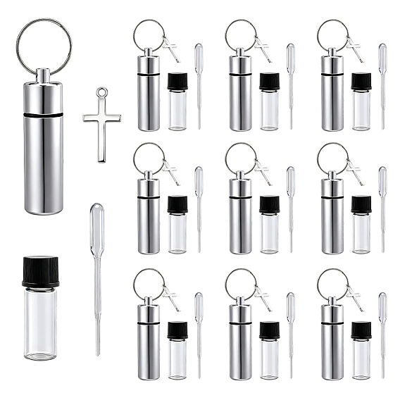 Schmuck selber machen, 10 Stück Kunststoff-Tropfpipetten mit Graduierung, 10 Stück tragbare, kleine Mehrzweckboxen aus Aluminiumlegierung für den Außenbereich und 10 Stück Anhänger aus Zinklegierung, 10 Stück Glasflaschen-Perlenbehälter