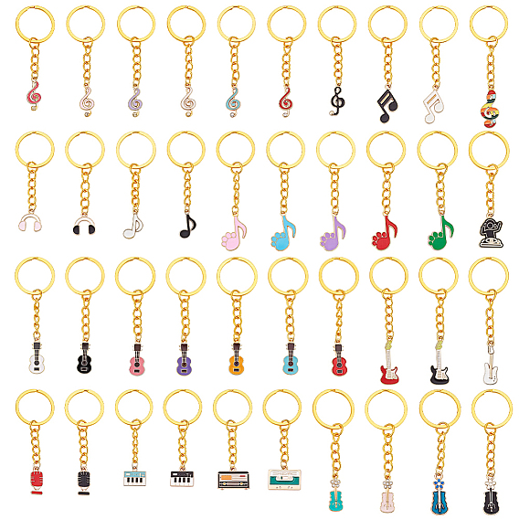 40Pcs 40 Styles Musical Note & Musical Instruments Alloy Enamel Keychains, with Iron Split Key Rings, Golden