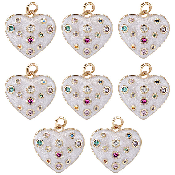 8 colgantes de zirconia cúbica micro pavé de latón ecológicos, con esmalte, larga duración plateado, sin plomo, cadmio, níquel, encantos del corazón