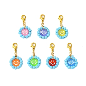 Flat Round with Smiling Face Glass Seed Pendant Decorations, Alloy Lobster Claw Clasps Charm for Bag Key Ornaments