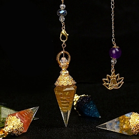 Resin Cone Dowsing Pendulums, Natural & Synthetic Gemstone Chip inside and Metal Findings Charm