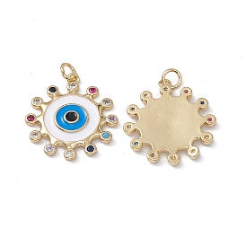 Brass Colorful Cubic Zirconia Pendants, with Jump Ring, Sun with Enamel Eye Charms