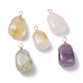 Natural Quartz Pendants, with Light Gold Plated Copper Wire Wrapped, Teardrop
