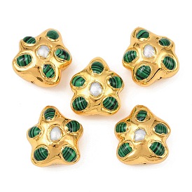 Подвески из натурального жемчуга и синтетического малахита, с латунной фурнитурой , цветок, золотые