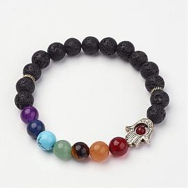 Natural & Synthetic Gemstone Beaded Stretch Bracelets, with Alloy Findings, Hamsa Hand/Hand of Fatima/Hand of Miriam