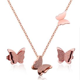 Minimalist Stainless Steel Butterfly Pendant Collarbone Necklace & Earrings Set