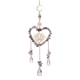 Natural Amethyst Chip & Brass Heart & Lotus Hanging Ornaments, Glass Teardrop Tassel for Home Decorations