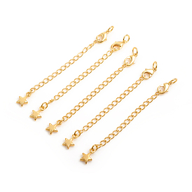 Brass Chain Extender, with Curb Chains and Lobster Claw Clasps, Long-Lasting Plated, Star