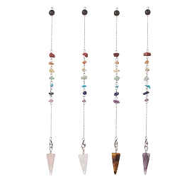 Hexagonal Cone Natural Gemstone Dowsing Pendulums, with 304 Stainless Steel Cable Chains