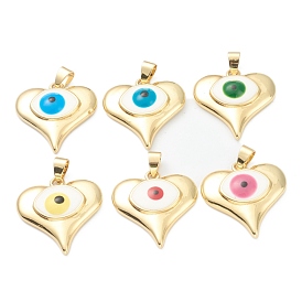 Brass Enamel Pendants, Real 18K Gold Plated, Long-Lasting Plated, Heart with Evil Eye