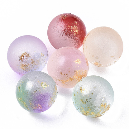 Transparent Spray Painted Frosted Glass Beads, with Golden Foil, No Hole/Undrilled, Round