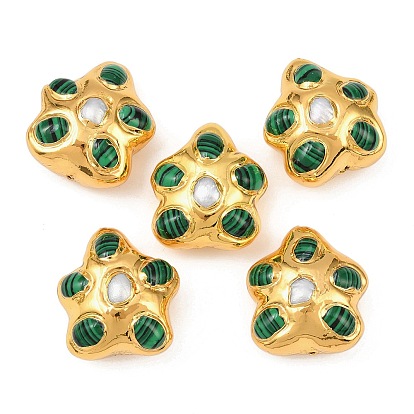 Подвески из натурального жемчуга и синтетического малахита, с латунной фурнитурой , цветок, золотые