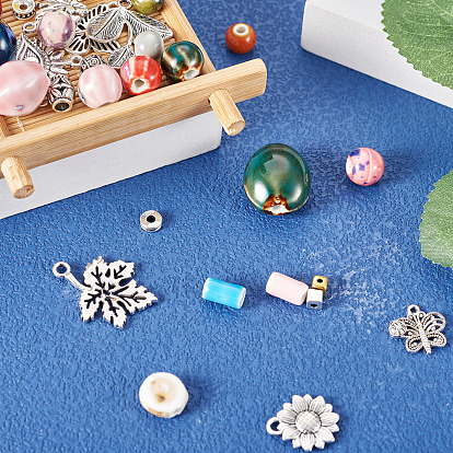 Набор для изготовления плетеных браслетов своими руками, в том числе фарфоровые круглые и овальные бусины и бусины-колонны, подвески из сплава с листьями, бабочками и глазами, бусины в виде бочек, полиэфирные нити