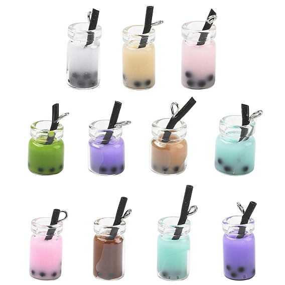 20шт 2 стили подвески из стеклянных бутылок, со смолой внутри и железными находками, имитация чая с шариками/молочного чая