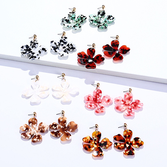 Серьги-гвоздики из сплава и акрила, цветок, золотые