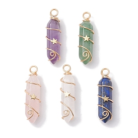 Natural Gemstone Double Terminal Pointed Pendants, Faceted Bullet Charms with Star Copper Wire Wrapped
