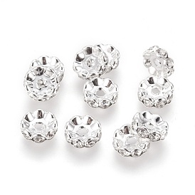 Brass Rhinestone Spacer Beads, Grade AAA, Wavy Edge, Nickel Free, Silver Color Plated, Rondelle, 10x4mm, Hole: 2mm