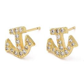 Rack Plating Brass Anchor Stud Earrings with Cubic Zirconia, Lead Free & Cadmium Free