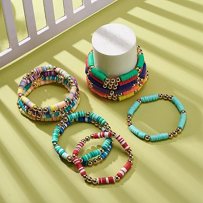 14Pcs 14 Color Handmade Polymer Clay Disc Surfer Stretch Bracelets Set, Synthetic Hematite Beaded Preppy Bracelets for Women