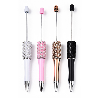 Beadable Pen, Plastic Ball-Point Pen, with Iron Rod & Rhinestone & ABS Imitation Pearl, for DIY Personalized Pen with Jewelry Beads