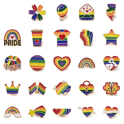 Pride Rainbow Theme Heart/Lock/Flower Enamel Pins, Light Gold Alloy Badge for Backpack Clothes, Colorful