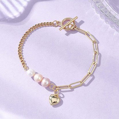 Латунь шарм браслеты, латунные браслеты из скрепок и цепочек-панцирей для женщин, сердце, с натуральным культивированным пресноводным жемчугом