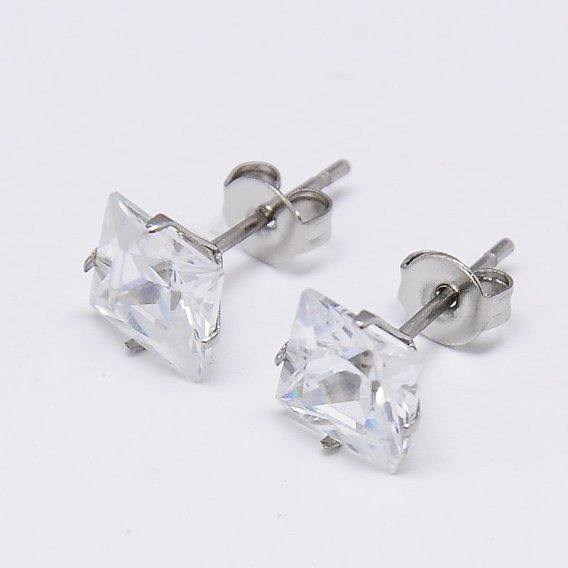 Cubic Zirconia Ear Studs, with Stainless Steel Base, Pin: 0.7mm
