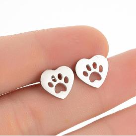 Cute Bear Paw Earrings with Heart Shape, Stainless Steel Geometric Animal Ear Studs