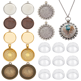 CHGCRAFT DIY Blank Photo Pendant Making Kit, Including Brass & Alloy Flat Round Pendant Cabochons Settings, Glass Dome