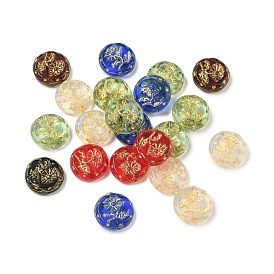 Transparent Glass Beads, Golden Metal Enlaced, Flat Round with Flower