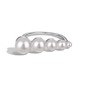 Round Shell Pearl Finger Rings, Rhodium Plated 925 Sterling Silver Ring for Women