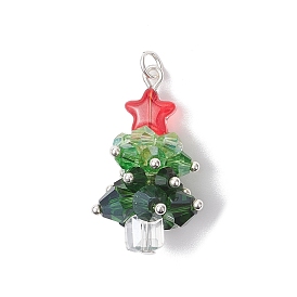 Латунь стекло кулоны, Рождественские елки, граненые, с 304 кольцами из нержавеющей стали