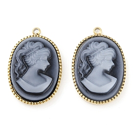 Opaque Resin Elegant Lady Cameo Pendants, Ion Plating(IP) 304 Stainless Steel Oval Charms, Manual Polishing, Gray