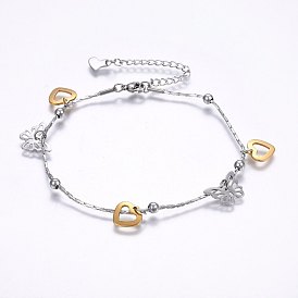 304 Stainless Steel Charm Bracelets, with Lobster Claw Clasps, Heart and Butterfly
