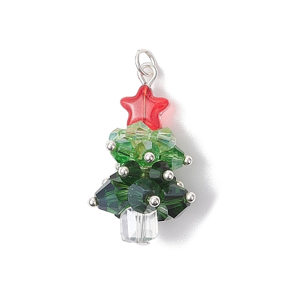 Латунь стекло кулоны, Рождественские елки, граненые, с 304 кольцами из нержавеющей стали
