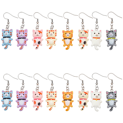 8пара 304 висячие серьги из нержавеющей стали, смолой подвесками, форма кошки, цвет нержавеющей стали