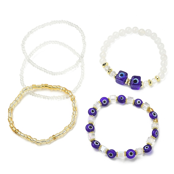5Pcs 5 Style Natural Mixed Gemstone & Lampwork Evil Eye & Seed Beaded Stretch Bracelets Set, Stackable Bracelets