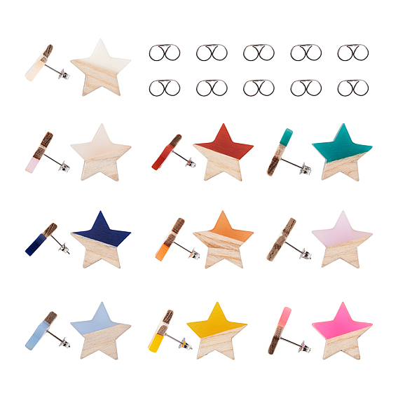 10 пара 10 цветная прозрачная смола и фурнитура для сережек-гвоздиков из дерева, с 30 шт 304 ушными гайками из нержавеющей стали, звезда