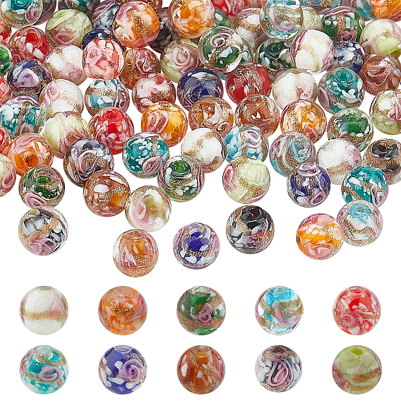 100Pcs 10 Colors Handmade Gold Sand Lampwork Beads, Inner Flower, Round