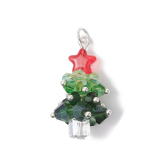Латунь стекло кулоны, Рождественские елки, граненые, с 304 кольцами из нержавеющей стали