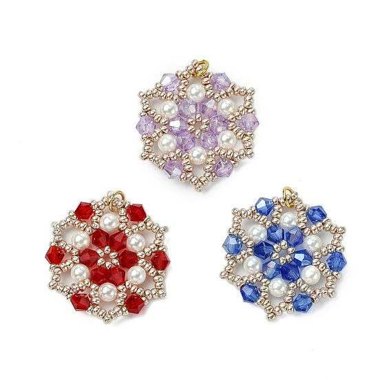 Glass Seed Beaded Flower Pendants, with Glass & Shell Pearl Beads & Loop