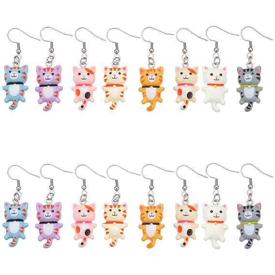 8пара 304 висячие серьги из нержавеющей стали, смолой подвесками, форма кошки, цвет нержавеющей стали