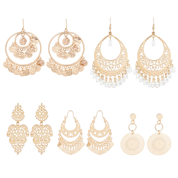 5 пары 5 стиль сплав плоские круглые и каплевидные серьги-люстры в стиле бохо, длинные серьги-подвески для женщин из стеклянных бусин