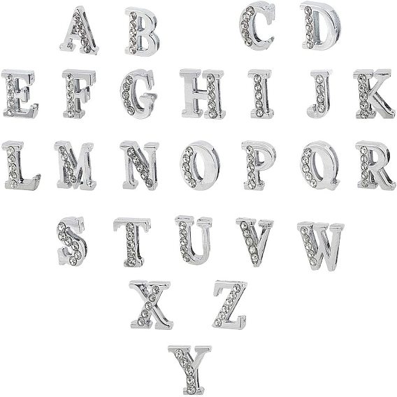 Alloy Slide Charms, with Crystal Rhinestone, Alphabet, Platinum