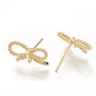 Brass Stud Earrings, with Loop, Nickel Free, Real 18K Gold Plated, Bowknot