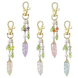 Leaf Resin Pendant Decoration, Alloy Swivel Lobster Claw Clasps and Glass Beads for Backpack Keychain Ornaments