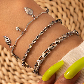 Sparkling Multi-Layer Bracelet Set with Geometric Twisted Chains and Leaf-shaped Rhinestone Embellishments